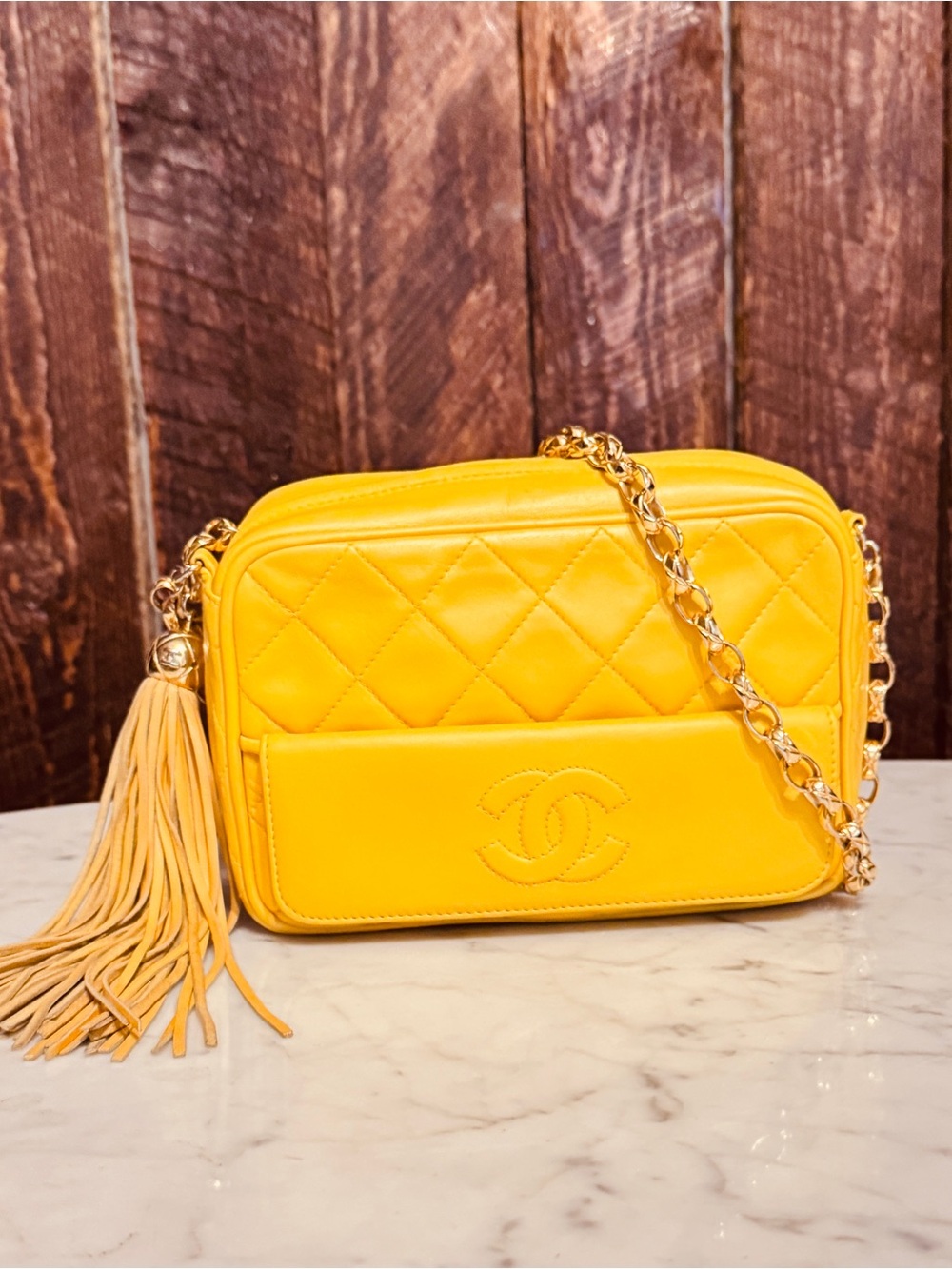 CHANEL Vintage Yellow Lambskin CC Tassel Camera Bag